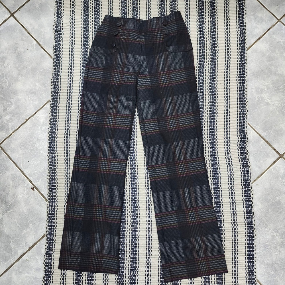 Plaid Sailor Wide Leg Pants Grey Red High Rise Stretch Trousers V23507 Small